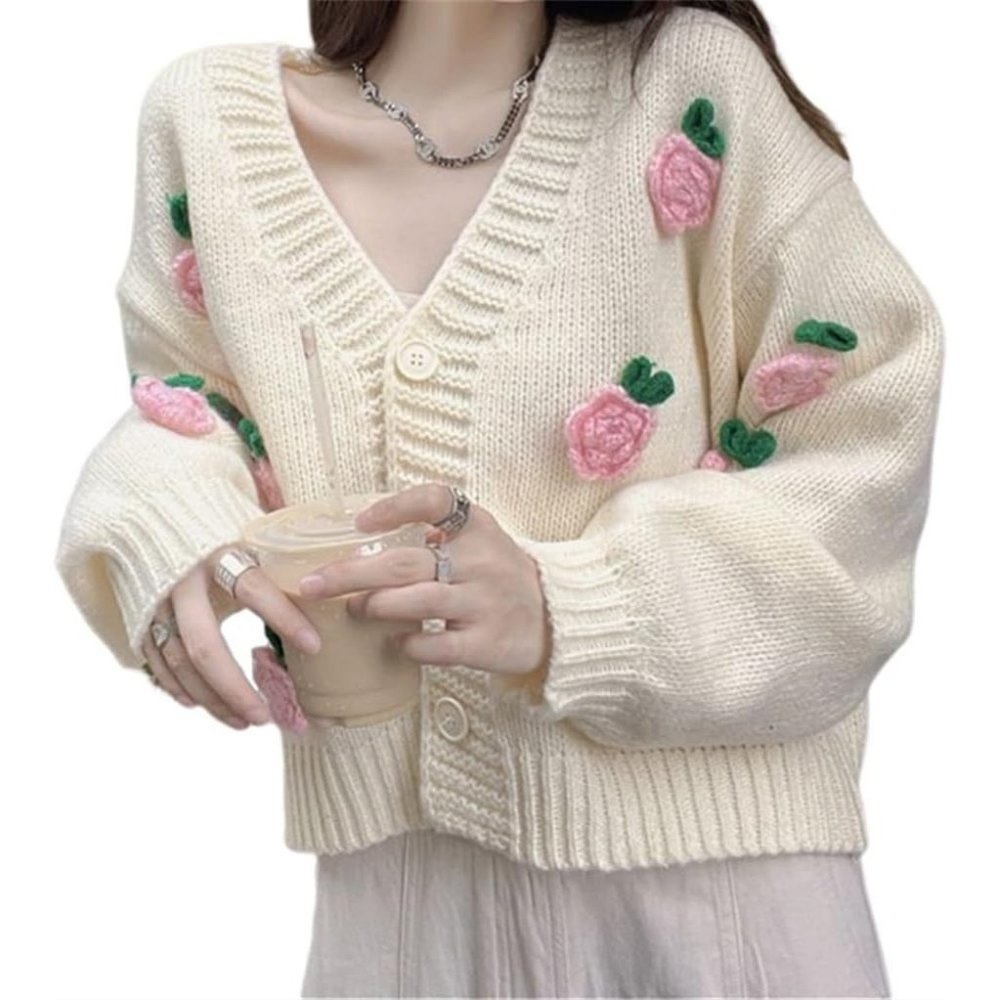Women's Strawberry Print Button Down Long Sleeve V Neck Crop Cardigan Sweater